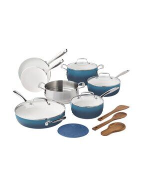The Pioneer Woman Home Denim Blue Harlow 15-Piece Ceramic Nonstick Cookware Set
